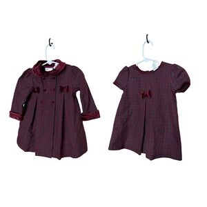 Vintage Little Bitty Plaid Coat Dress Set Burgundy Green‎ Velvet Trim 18 Months